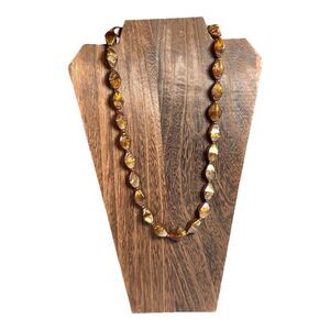 Vintage Lucite Gold & Brown Beaded Swirl Necklace 23” Brass Hook Clasp Retro